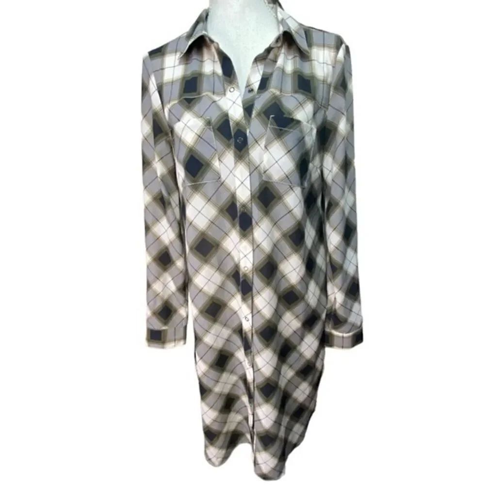 Prana Flint Charcoal Tan Plaid Maxi Shirt Tunic Shirt Wm’s Sz Small